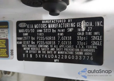 2011 Kia Sorento Ex V6 из США, поврежденный, VIN 5XYKUDA22BG033776